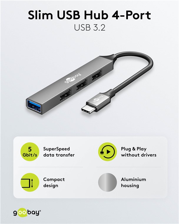 Goobay Slim 4-Port USB Hub, USB-C to USB-A, 5 Gbit/s | 74457