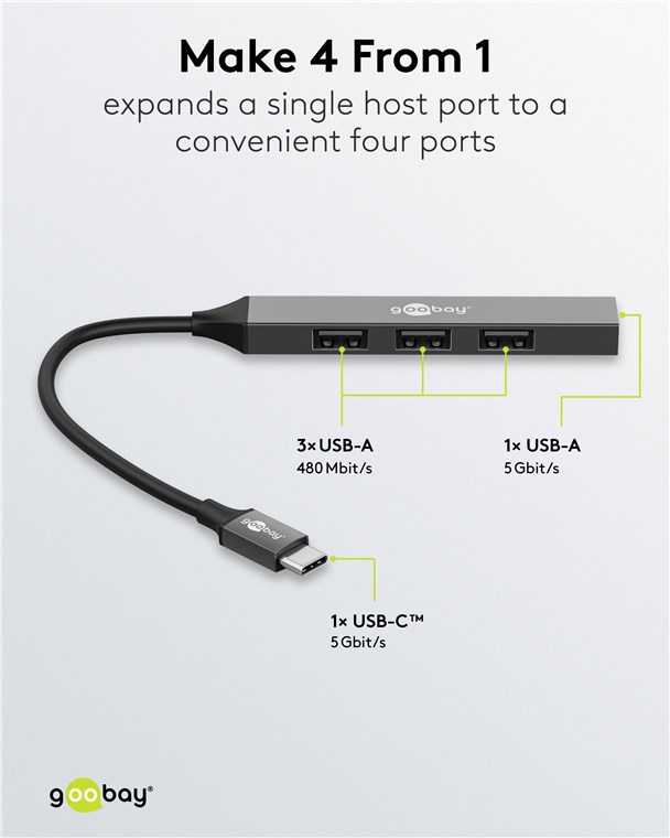 Goobay Slim 4-Port USB Hub, USB-C to USB-A, 5 Gbit/s | 74457