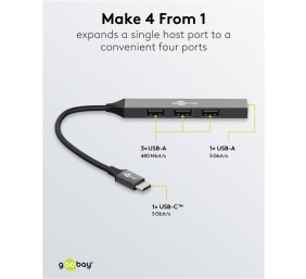 Goobay Slim 4-Port USB Hub, USB-C to USB-A, 5 Gbit/s | 74457