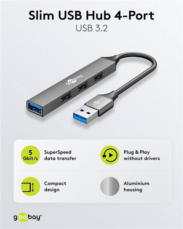 Goobay Slim 4-Port USB Hub, USB-A to USB-A, 5 Gbit/s | 74456