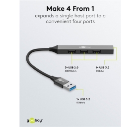 Goobay Slim 4-Port USB Hub, USB-A to USB-A, 5 Gbit/s | 74456