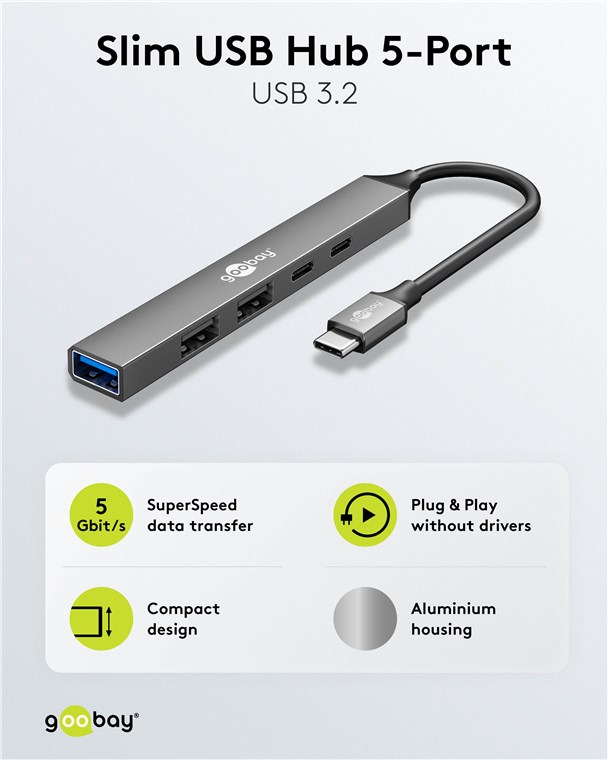 Goobay Slim 5-Port USB Hub, USB-C to USB-C/USB-A, 5 Gbit/s | 74460