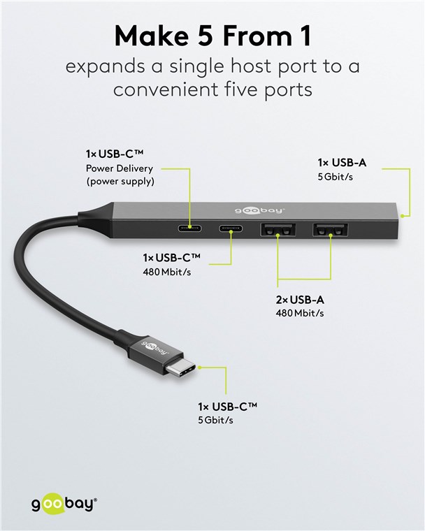 Goobay Slim 5-Port USB Hub, USB-C to USB-C/USB-A, 5 Gbit/s | 74460