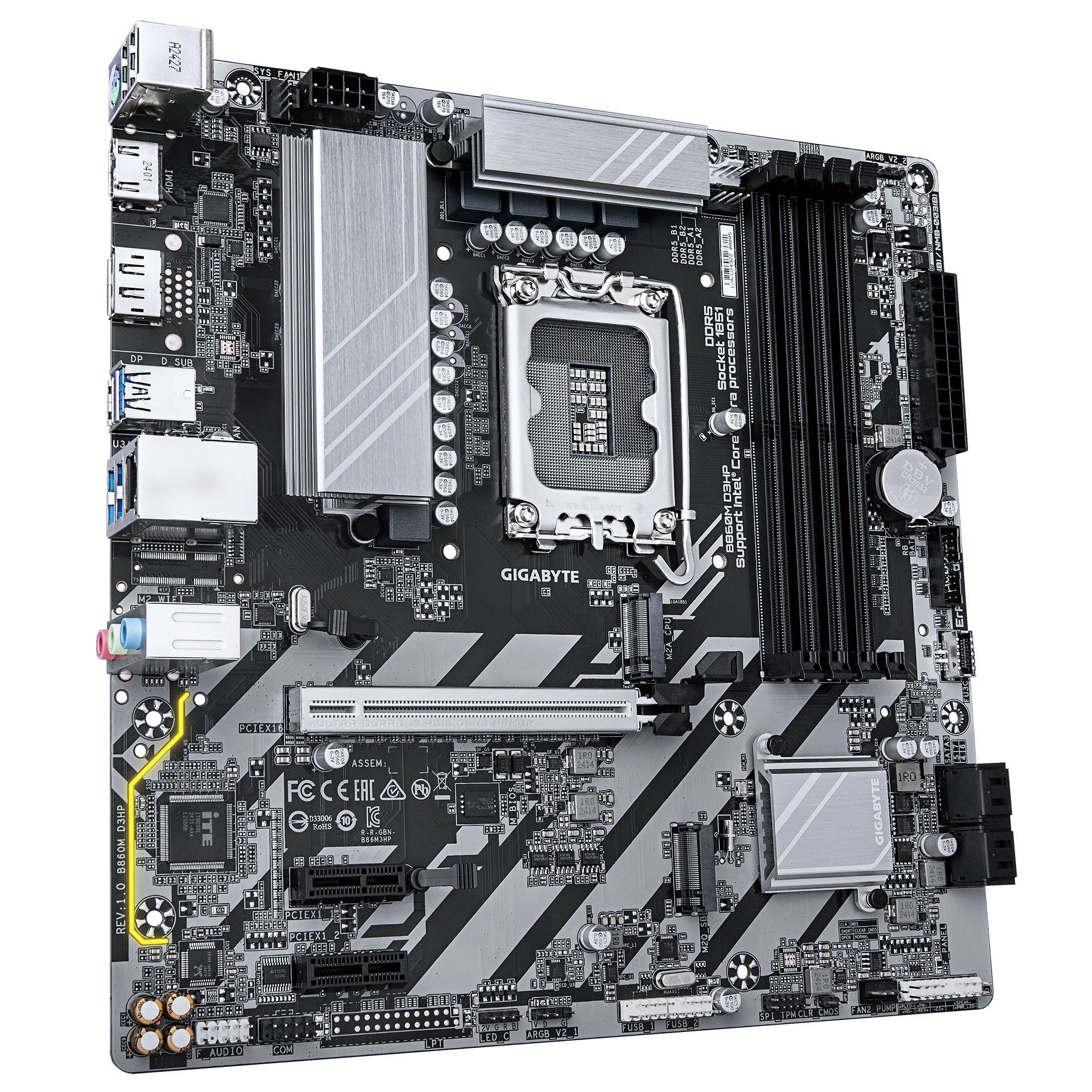 Gigabyte B860M D3HP | Processor family Intel | Processor socket LGA1851 | DDR5 | Supported hard disk drive interfaces M.2, SATA | Number of SATA connectors 4