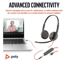 POLY Blackwire 3225 Stereo Laidinės ausinės USB-C, 3.5mm jack, +USB-C/A Adapter (Bulk)