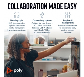 POLY Blackwire 3225 Stereo Laidinės ausinės USB-C, 3.5mm jack, +USB-C/A Adapter (Bulk)