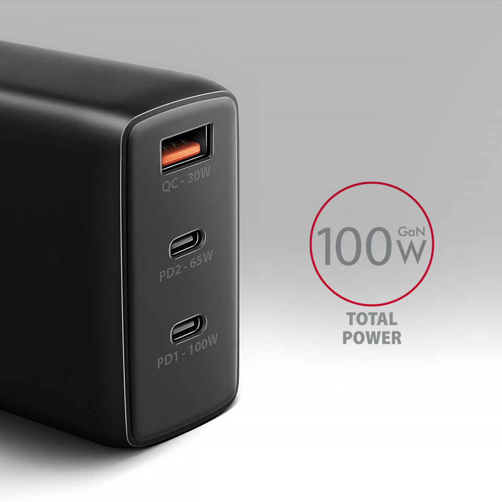 AXAGON GaN wallcharger, 3x port (USB-A + 2x USB-C), PD3.0/PPS/QC4+/SFC2.0/AFC/SCP/FCP/Apple, 100W | ACU-DPQ100