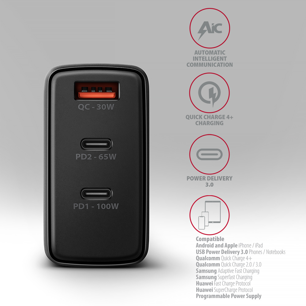 AXAGON GaN wallcharger, 3x port (USB-A + 2x USB-C), PD3.0/PPS/QC4+/SFC2.0/AFC/SCP/FCP/Apple, 100W | ACU-DPQ100