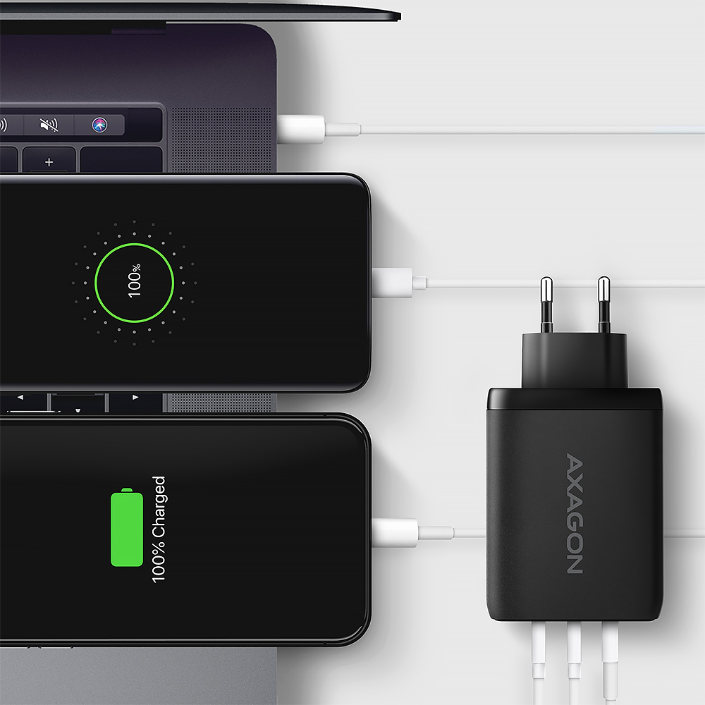 AXAGON GaN wallcharger, 3x port (USB-A + 2x USB-C), PD3.0/PPS/QC4+/SFC2.0/AFC/SCP/FCP/Apple, 100W | ACU-DPQ100