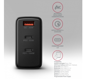 AXAGON GaN wallcharger, 3x port (USB-A + 2x USB-C), PD3.0/PPS/QC4+/SFC2.0/AFC/SCP/FCP/Apple, 100W | ACU-DPQ100