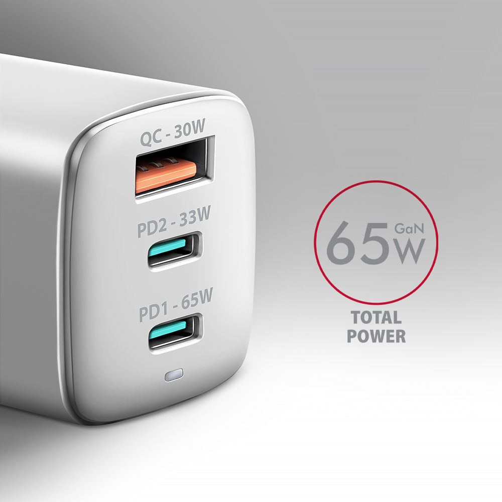 AXAGON GaN wallcharger 3x port (USB-A + 2x USB-C), PD3.0/PPS/QC4+/SFC2.0/AFC/SCP/FCP/Apple, 65W | ACU-DPQ65W