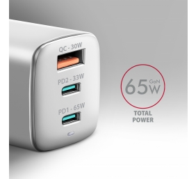 AXAGON GaN wallcharger 3x port (USB-A + 2x USB-C), PD3.0/PPS/QC4+/SFC2.0/AFC/SCP/FCP/Apple, 65W | ACU-DPQ65W