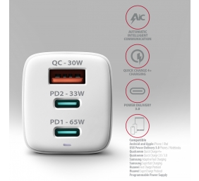 AXAGON GaN wallcharger 3x port (USB-A + 2x USB-C), PD3.0/PPS/QC4+/SFC2.0/AFC/SCP/FCP/Apple, 65W | ACU-DPQ65W