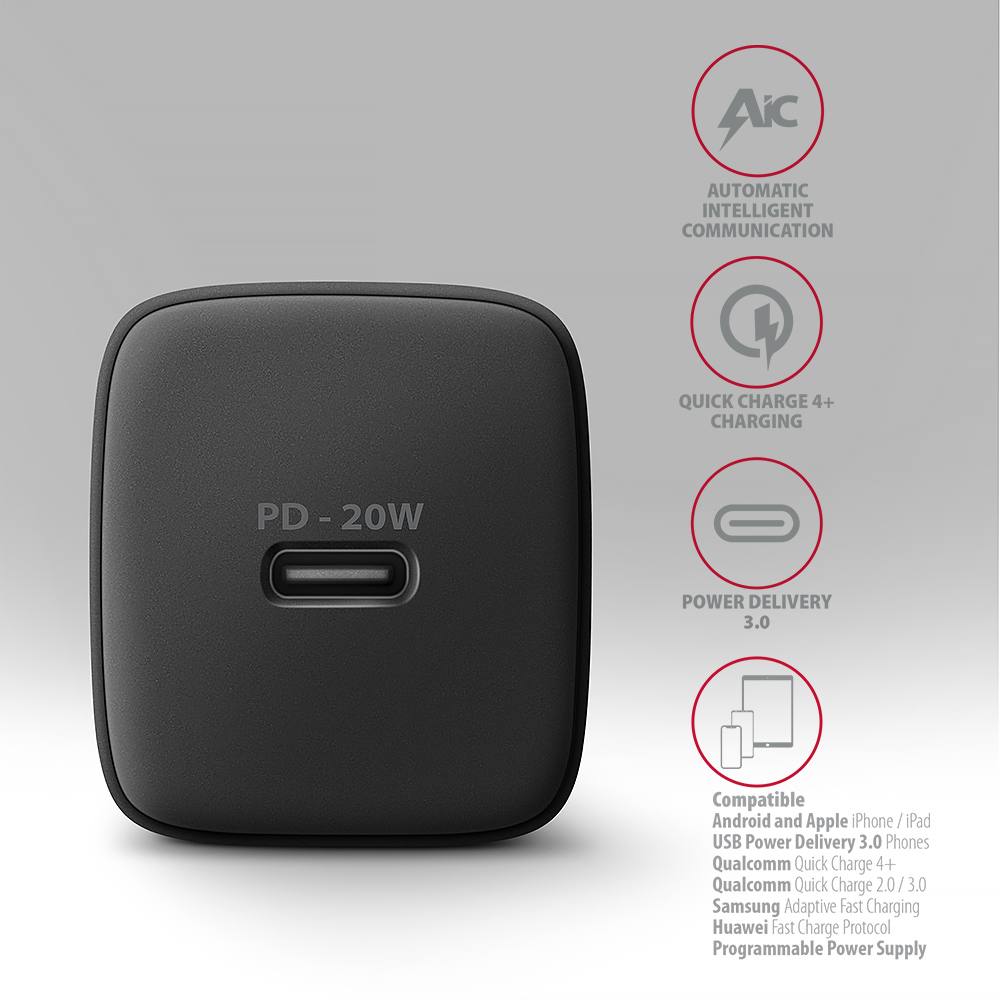 AXAGON Wallcharger 1x port USB-C, PD3.0/PPS/QC4+/AFC/FCP/Apple, 20W | ACU-PD20