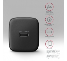 AXAGON Wallcharger 1x port USB-C, PD3.0/PPS/QC4+/AFC/FCP/Apple, 20W | ACU-PD20