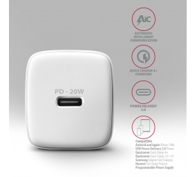 AXAGON Wallcharger 1x port USB-C, PD3.0 / PPS /QC4+/AFC/FCP/Apple, 20W | ACU-PD20W