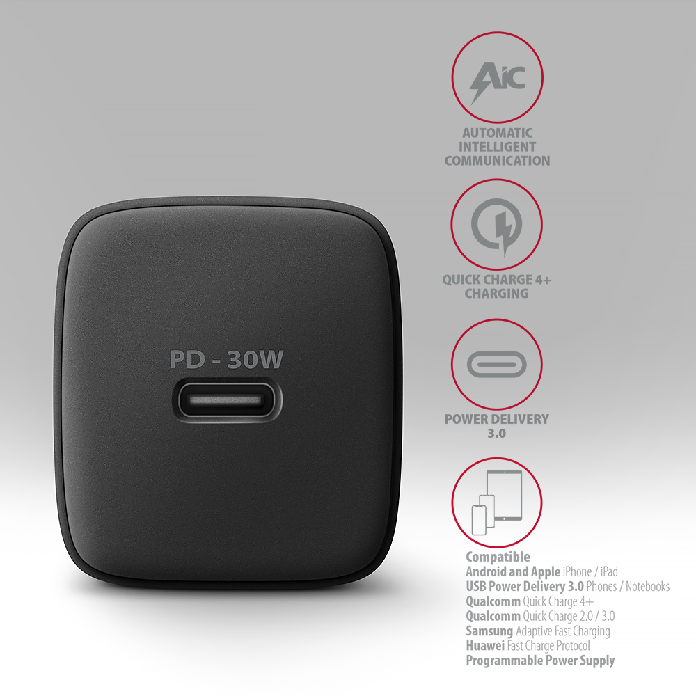 AXAGON Sil wallcharger 1x port USB-C, PD3.0/PPS/QC4+/SFC/AFC/Apple, 30W | ACU-PD30
