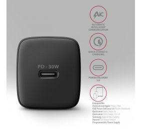 AXAGON Sil wallcharger 1x port USB-C, PD3.0/PPS/QC4+/SFC/AFC/Apple, 30W | ACU-PD30