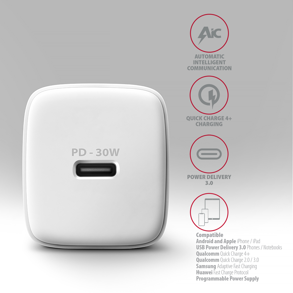AXAGON Sil wallcharger 1x port USB-C, PD3.0 /PPS/QC4+/SFC/AFC/Apple, 30w | ACU-PD30W