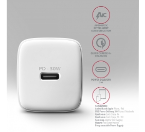 AXAGON Sil wallcharger 1x port USB-C, PD3.0 /PPS/QC4+/SFC/AFC/Apple, 30w | ACU-PD30W