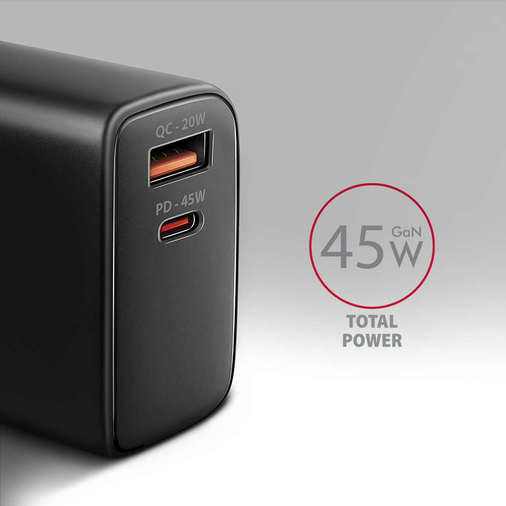 AXAGON GaN wallcharger 2x port (USB-A + USB-C), PD3.0/PPS/QC4+/SFC2.0/AFC/SCP/FCP/Apple, 45W | ACU-PQ45