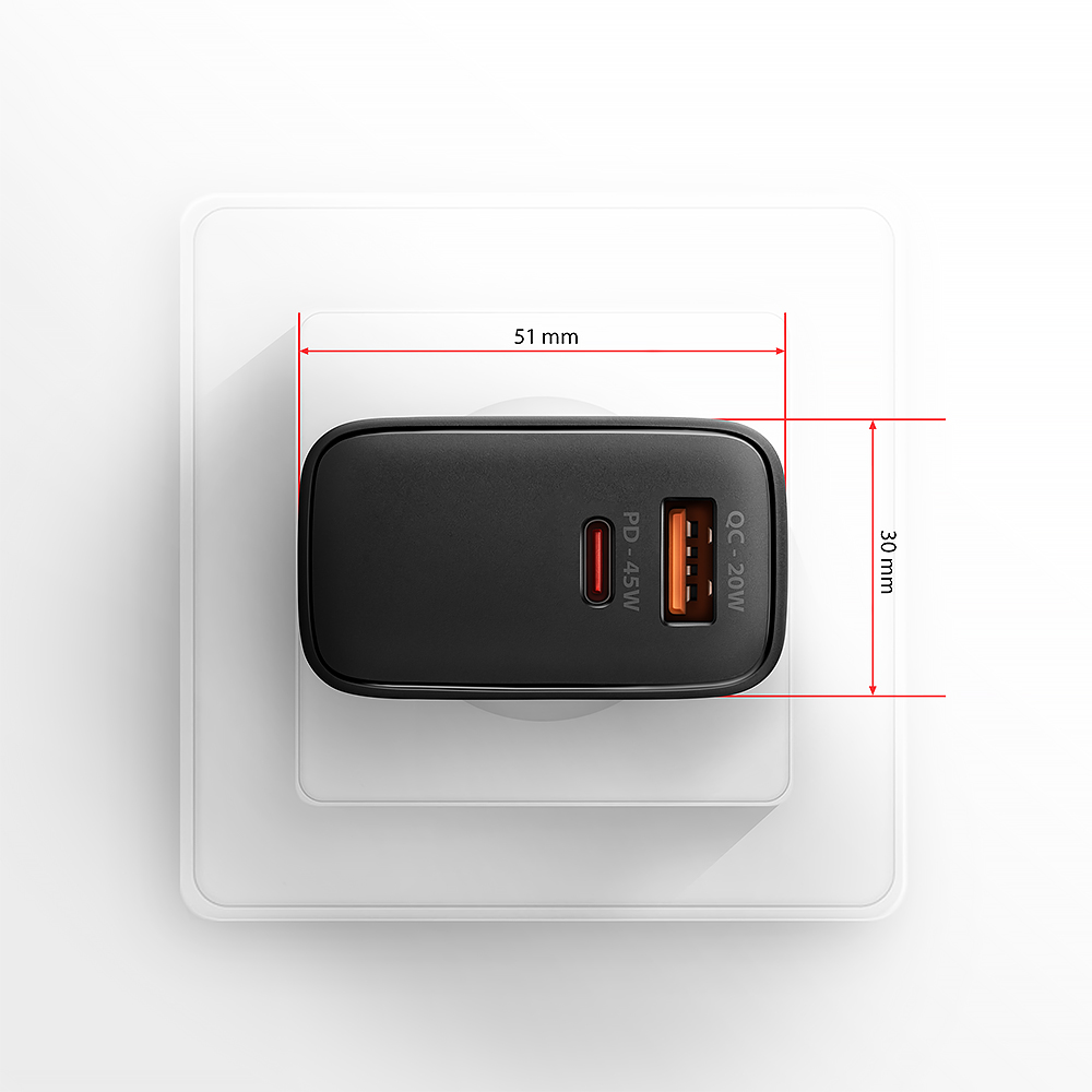 AXAGON GaN wallcharger 2x port (USB-A + USB-C), PD3.0/PPS/QC4+/SFC2.0/AFC/SCP/FCP/Apple, 45W | ACU-PQ45