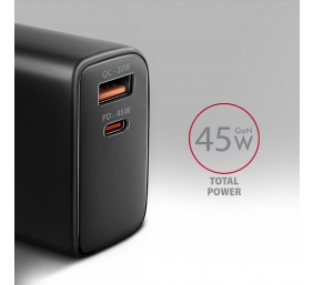 AXAGON GaN wallcharger 2x port (USB-A + USB-C), PD3.0/PPS/QC4+/SFC2.0/AFC/SCP/FCP/Apple, 45W | ACU-PQ45