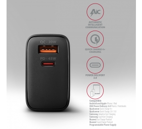 AXAGON GaN wallcharger 2x port (USB-A + USB-C), PD3.0/PPS/QC4+/SFC2.0/AFC/SCP/FCP/Apple, 45W | ACU-PQ45