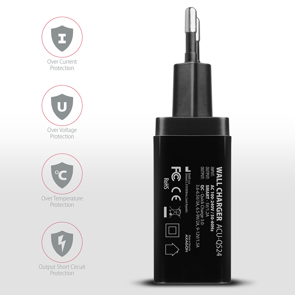 AXAGON Dual wallcharger 240V/2x USB port QC3.0/AFC/FCP and 5V-1.2A, 24W | ACU-QS24