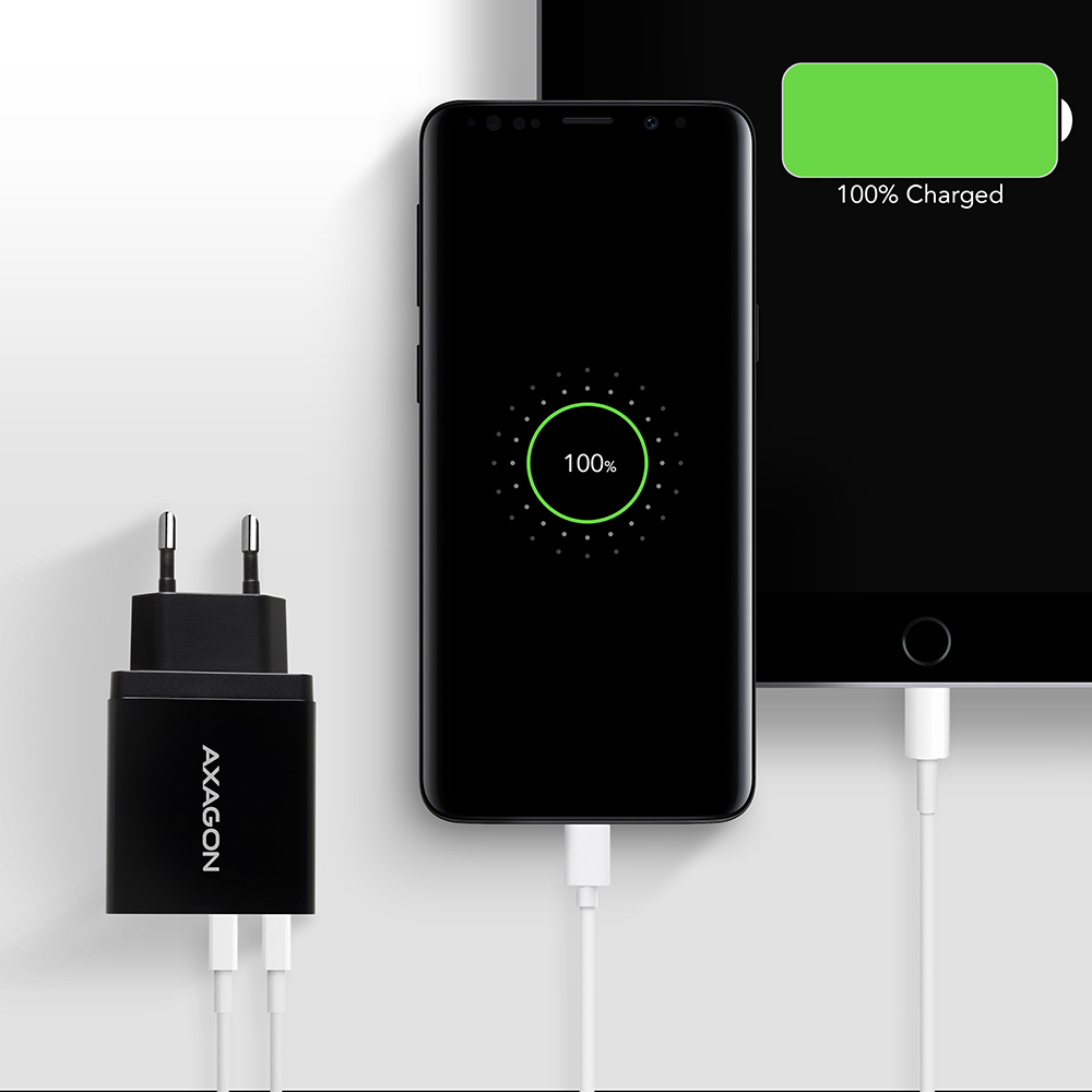 AXAGON Dual wallcharger 240V/2x USB port QC3.0/AFC/FCP and 5V-1.2A, 24W | ACU-QS24