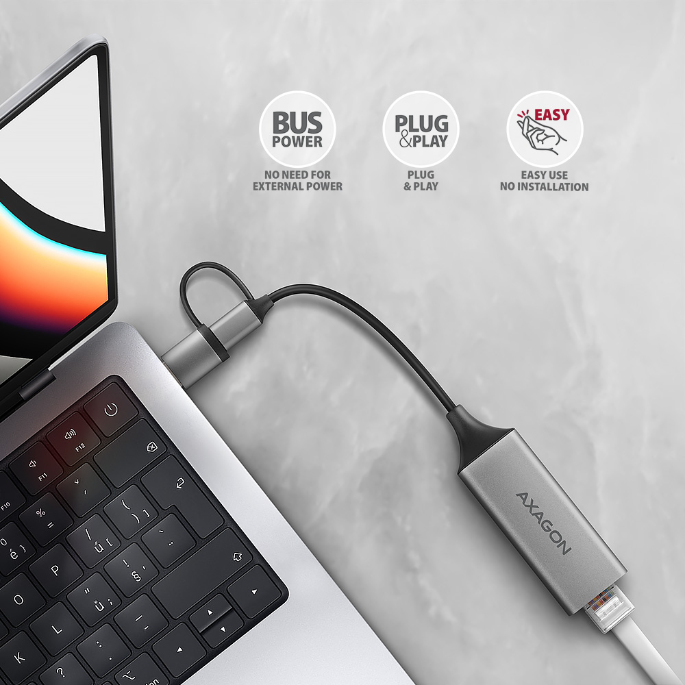 AXAGON ADE-TXCA Compact aluminum USB 3.2 Gen 1 Gigabit Ethernet 10/100/1000Mbit adapter with automatic installation, Nintendo Switch support and USB C-A reduction
