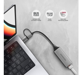 AXAGON ADE-TXCA Compact aluminum USB 3.2 Gen 1 Gigabit Ethernet 10/100/1000Mbit adapter with automatic installation, Nintendo Switch support and USB C-A reduction