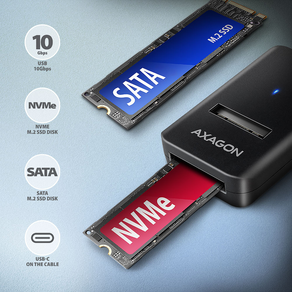 AXAGON USB-C 10Gbps adapter for fast connection of M.2 NVMe and SATA SSD, USB-C cable 10 cm | ADM2-CM