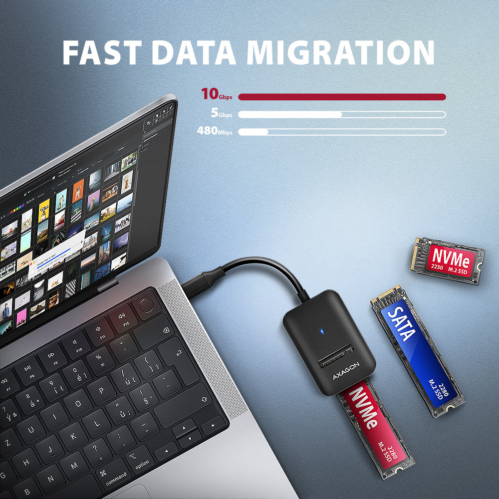 AXAGON USB-C 10Gbps adapter for fast connection of M.2 NVMe and SATA SSD, USB-C cable 10 cm | ADM2-CM