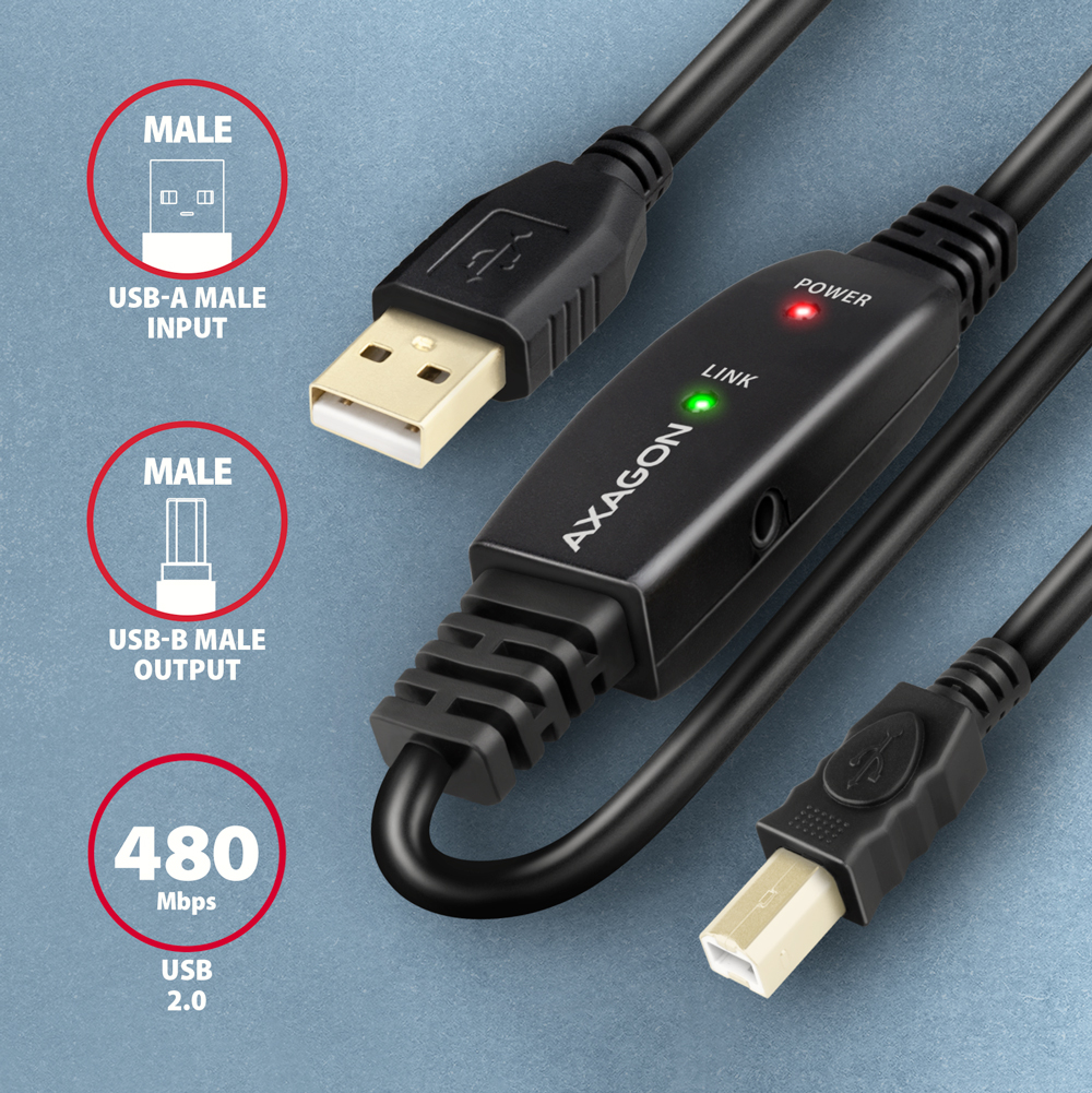 AXAGON USB repeater cable, 10 m | ADR-210B | USB Type A - USB Type B
