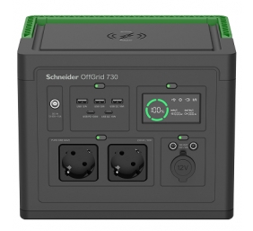 Schneider OffGrid Portable Power Station 730, 738Wh Lithium-ion, LCD, 2 CEE 7/3 Schuko outlets, Sinewave, 3 USB-A, 2 USB-C, Wireless Charger
