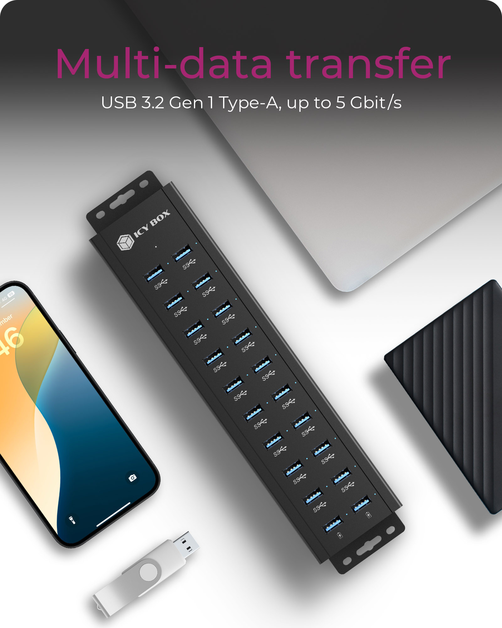 Raidsonic | 20-in-1 USB HUB with power supply, on/off button and mounting brackets | IB-HUB1720-U3