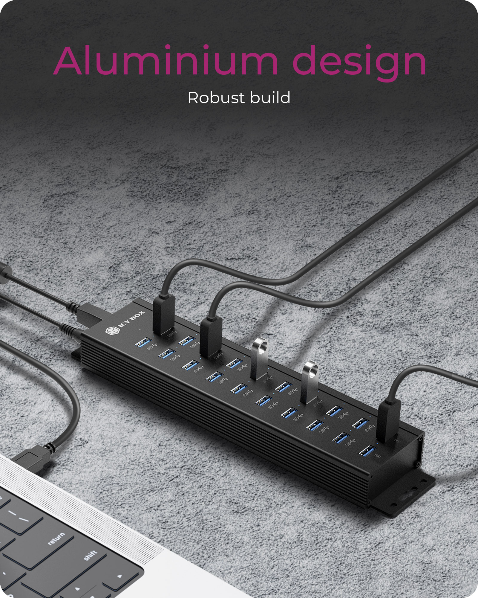 Raidsonic | 20-in-1 USB HUB with power supply, on/off button and mounting brackets | IB-HUB1720-U3