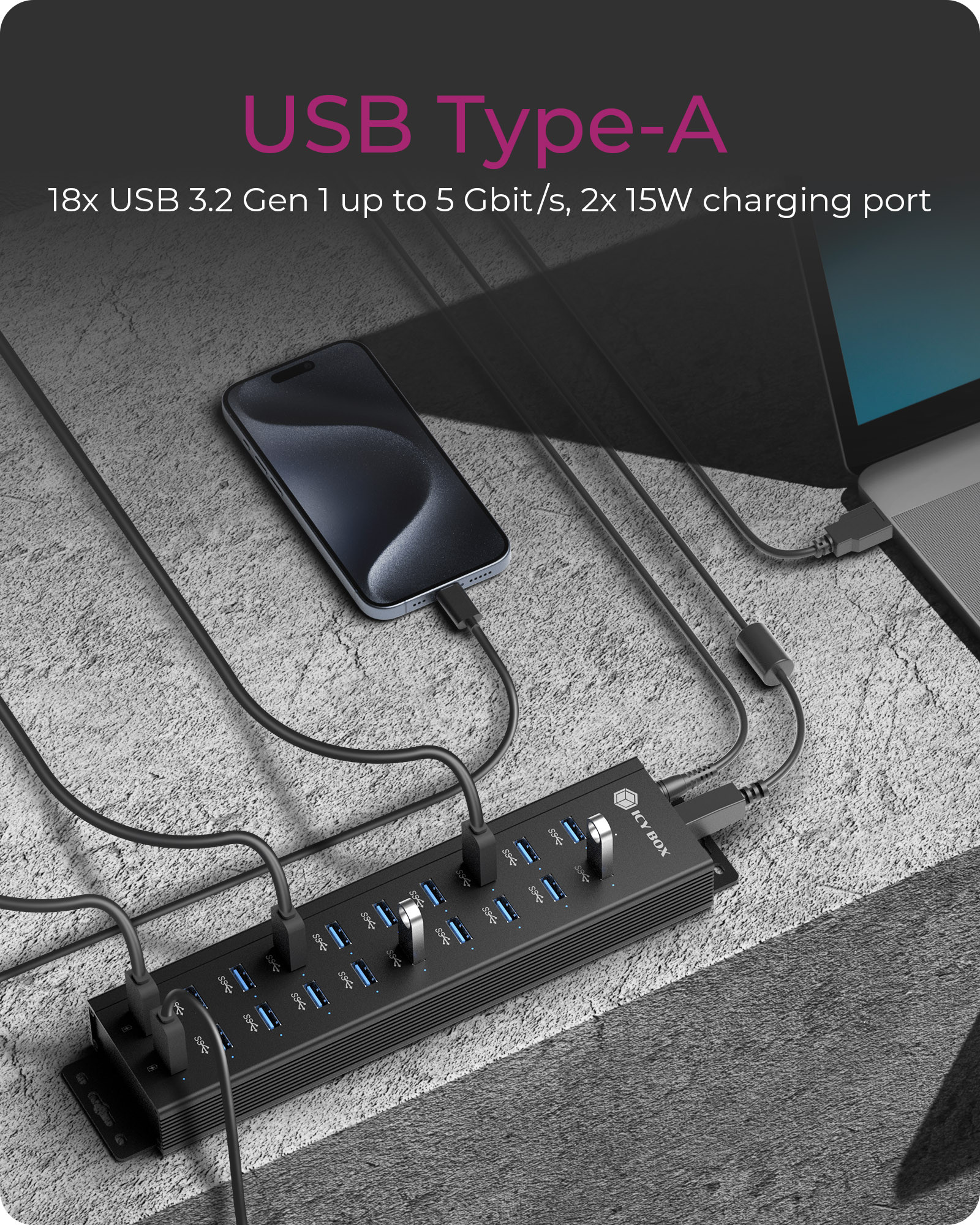 Raidsonic | 20-in-1 USB HUB with power supply, on/off button and mounting brackets | IB-HUB1720-U3