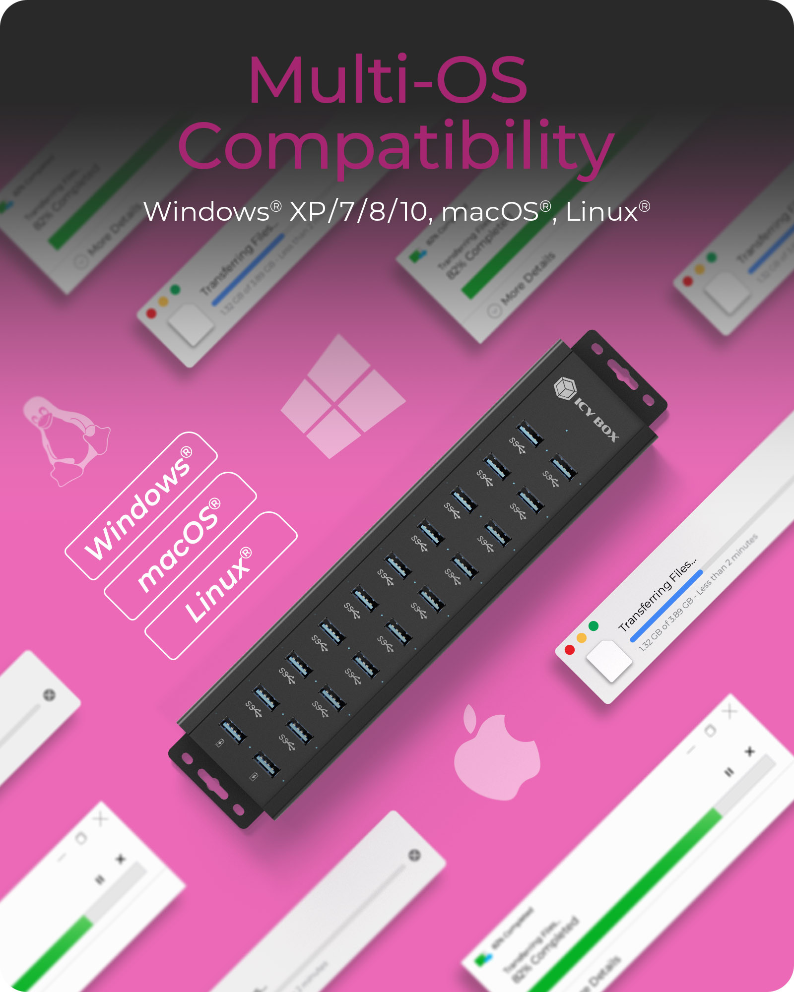 Raidsonic | 20-in-1 USB HUB with power supply, on/off button and mounting brackets | IB-HUB1720-U3