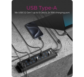 Raidsonic | 20-in-1 USB HUB with power supply, on/off button and mounting brackets | IB-HUB1720-U3