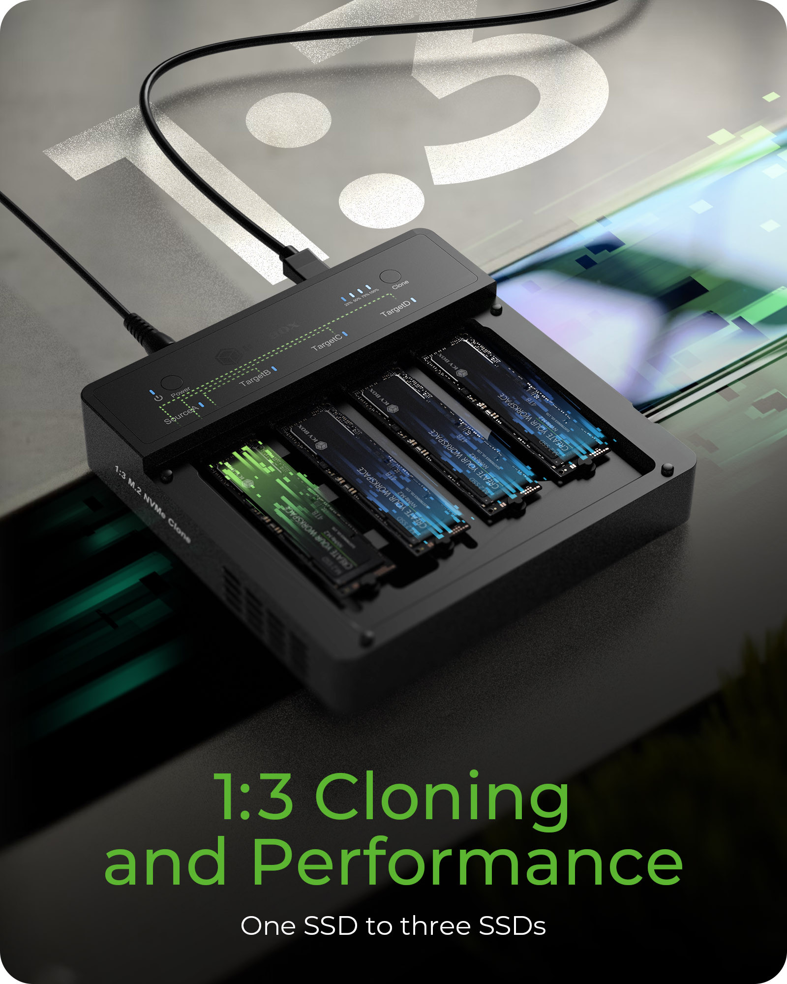 Raidsonic 4-Bays USB4 Duplicator (1:3 clone) for NVMe M.2 SSD | IB-4013MCL-C4