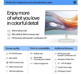 HP 527sw Monitorius 27'' IPS FHD 1920x1080, 5 ms, 300 cd/m2, 100 Hz, Balta