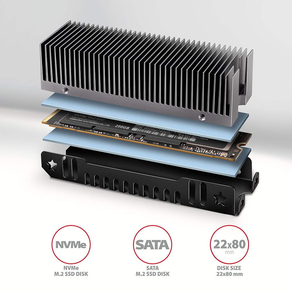 AXAGON Aluminum passive cooler for single and double-sided M.2 SSDs size 2280, height 24 mm | CLR-M2XT