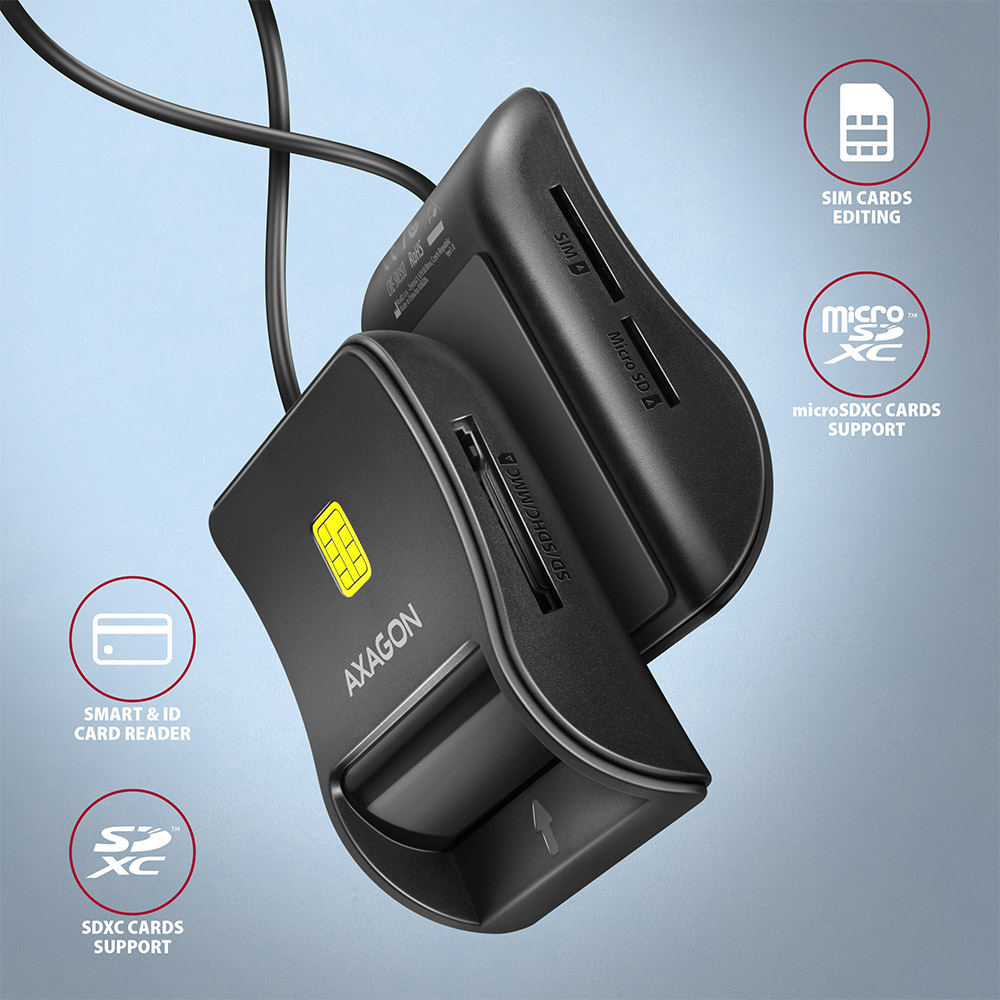 AXAGON Compact desktop USB contact Smart/ID & SD/microSD/SIM card reader with long, USB-A cable | CRE-SM3SD