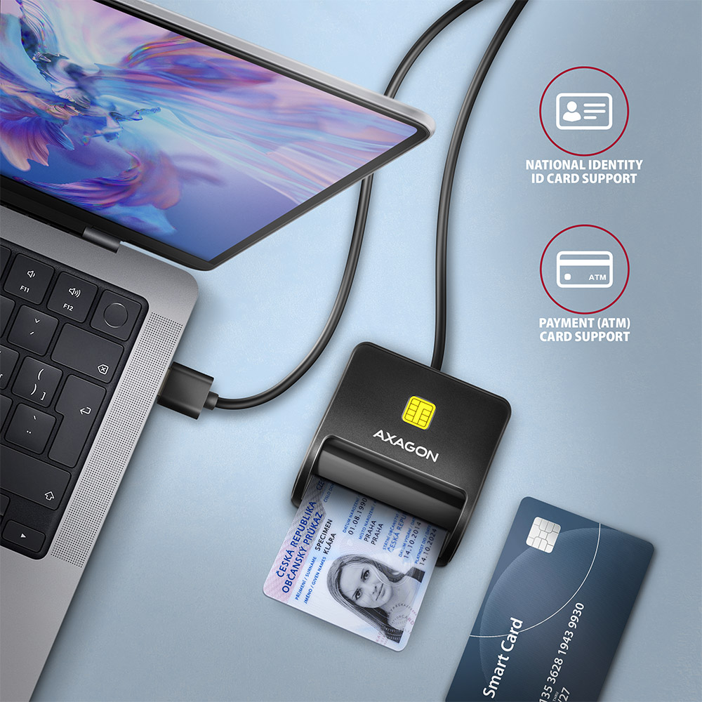 AXAGON Compact desktop USB contact Smart/ID & SD/microSD/SIM card reader with long, USB-A cable | CRE-SM3SD