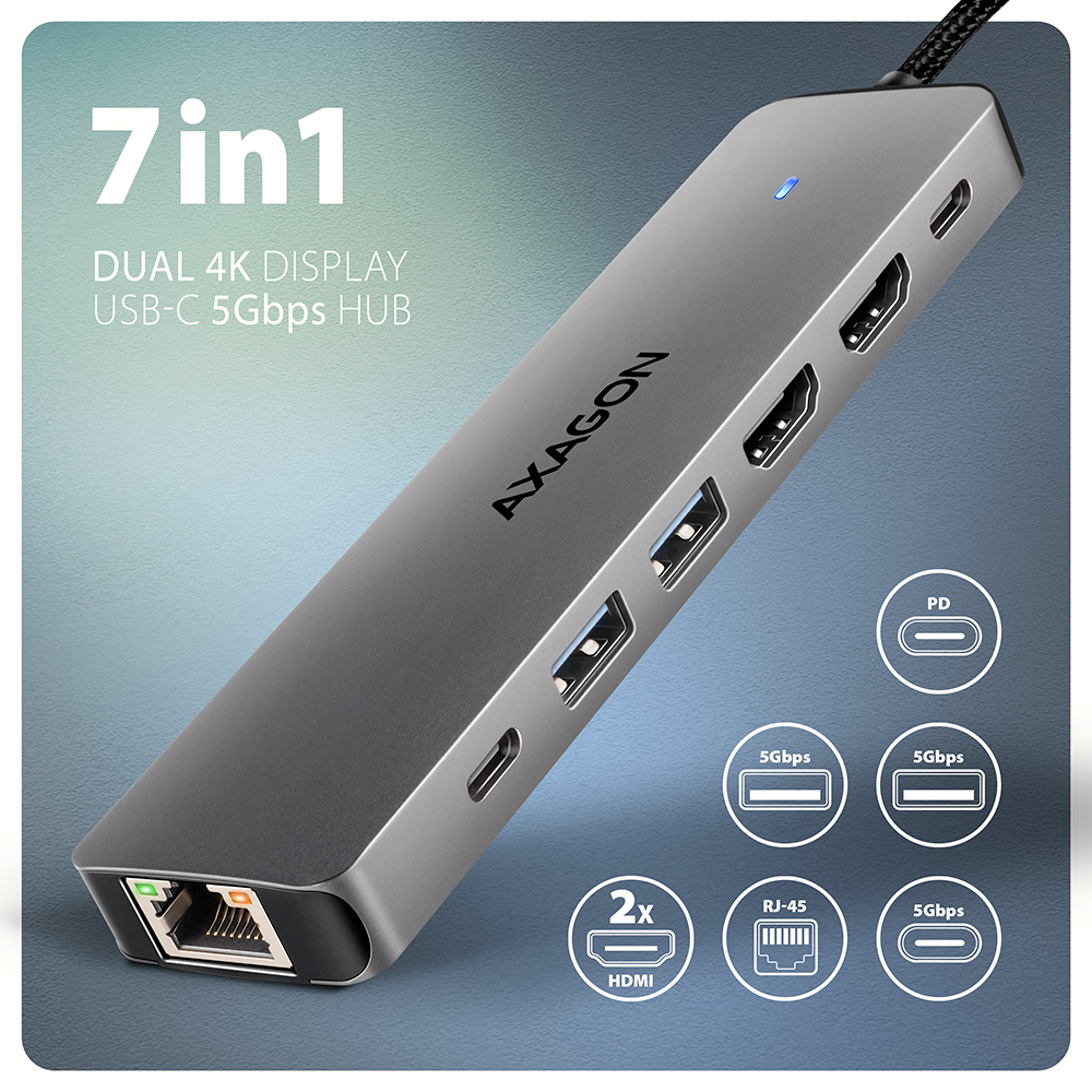 AXAGON USB-C 5Gbps DUAL 4K DISPLAY 7in1 Hub | HMC-7HX2