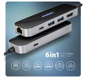 AXAGON USB-C 5Gbps GLASS 6in1 Hub | HMC-6GLN