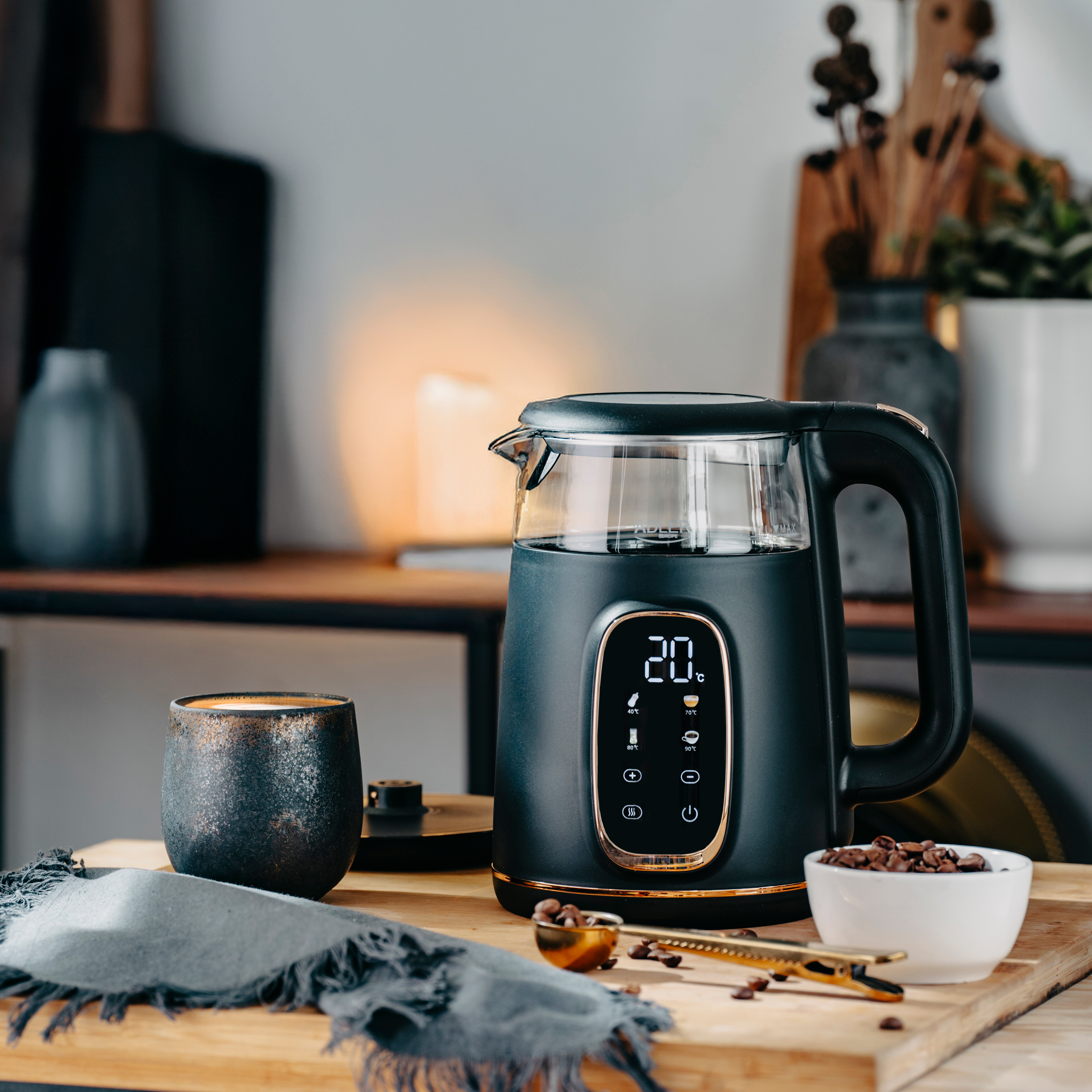 Adler Kettle with LED Display | AD 1305 | Electric | 2200 W | 1.7 L | Plastic | 360° rotational base | Black/Gold