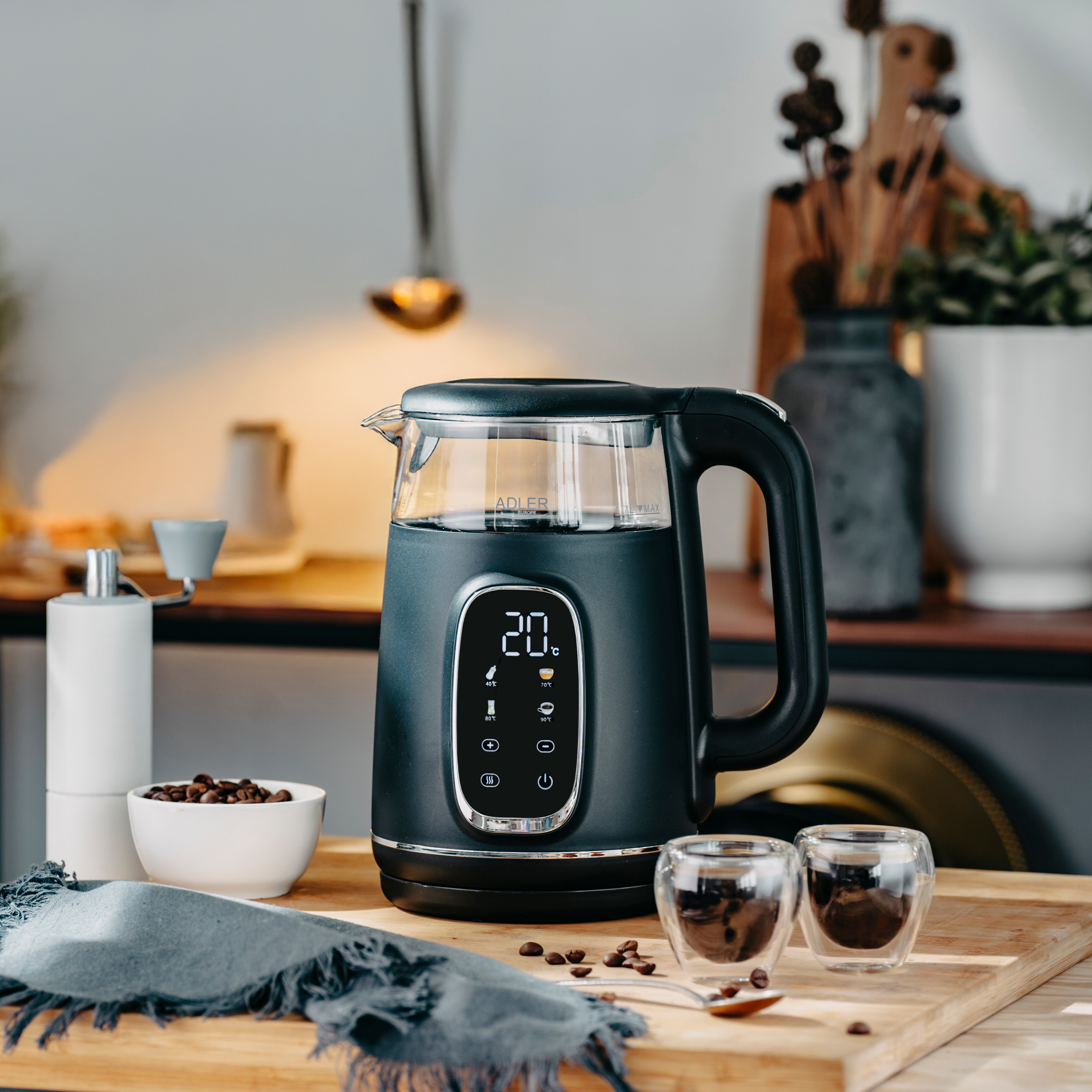 Adler Kettle with LED Display | AD 1305 | Electric | 2200 W | 1.7 L | Plastic | 360° rotational base | Black/Silver